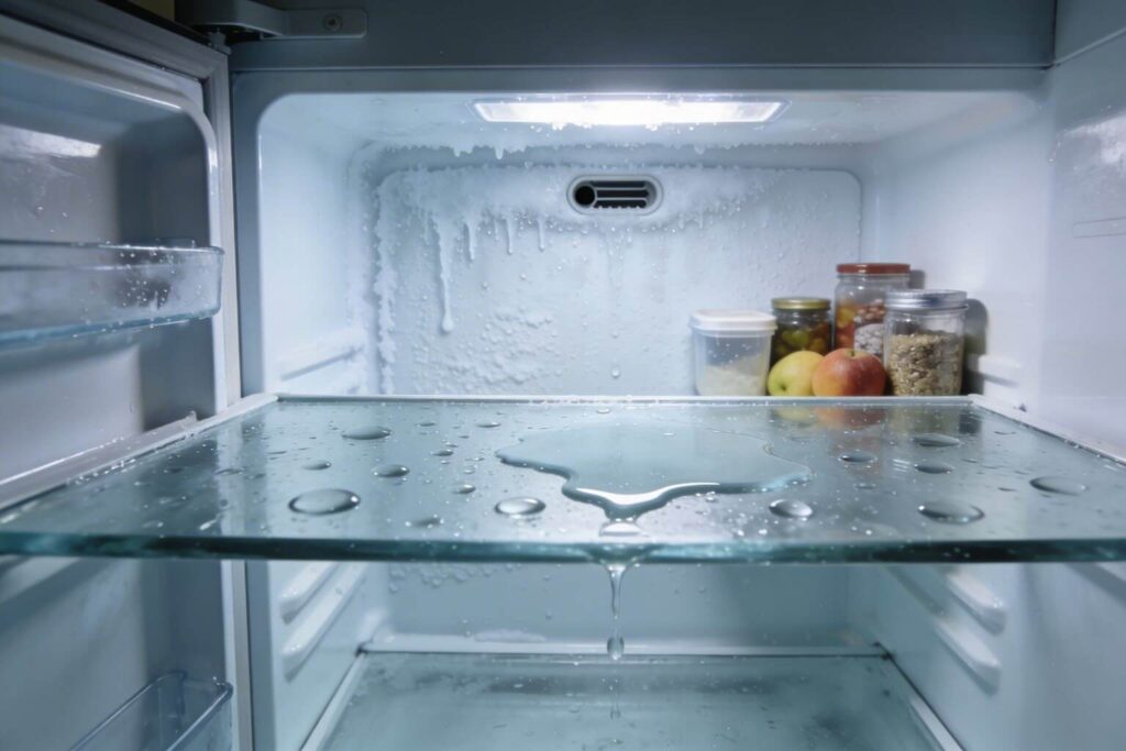 На стеклянной полке холодильника капли воды, рядом стоят продукты