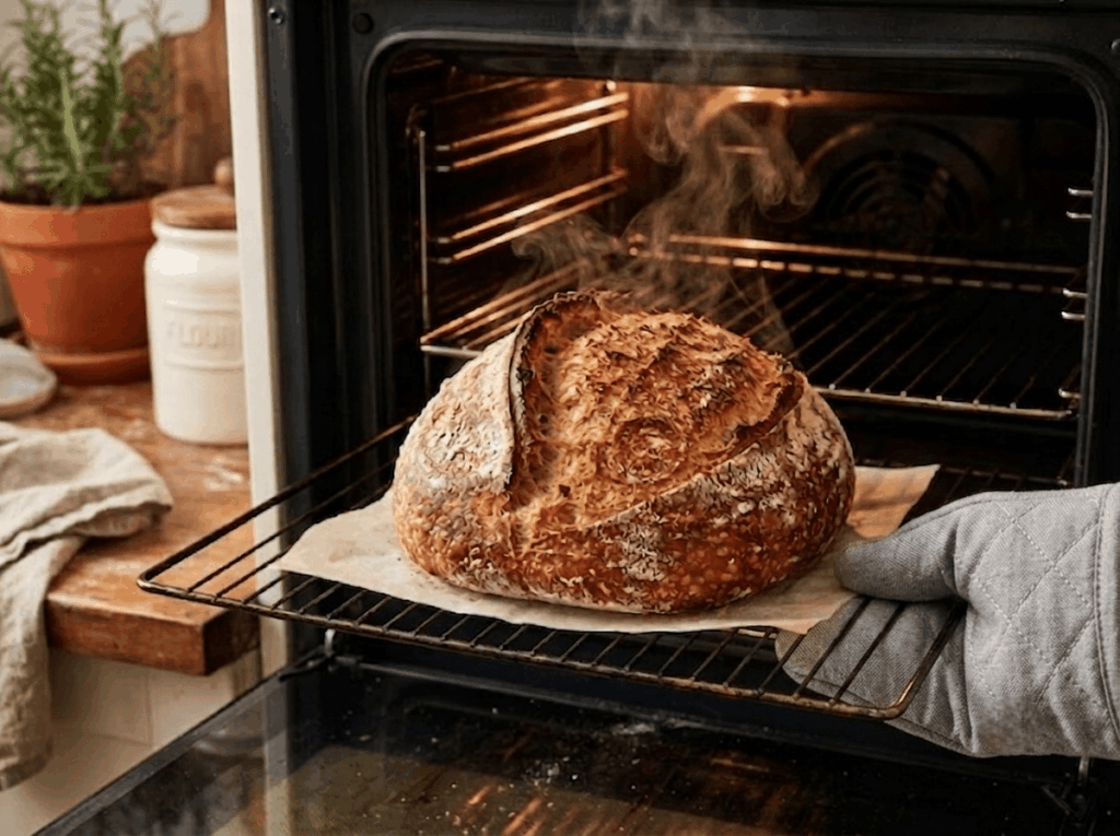 Свежий хлеб с хрустящей корочкой после приготовления с паром