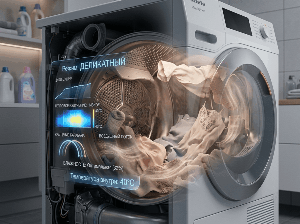 Сушильная машина с деликатным режимом, голограмма температуры 40 °C, слабый тёплый воздух внутри барабана