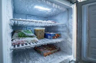 Морозильная камера сильно заросшая инеем с продуктами внутри
