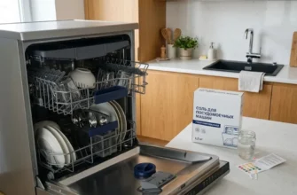 Открытая посудомоечная машина с посудой на кухне, рядом стоит пачка соли для посудомоечных машин